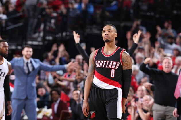 PORTLAND, OR - APRIL 8: Damian Lillard #0 of the Portland Trail Blazers is seen during the game against the Utah Jazz on April 8, 2017 at the Moda Center in Portland, Oregon. NOTE TO USER: User expressly acknowledges and agrees that, by downloading and or using this Photograph, user is consenting to the terms and conditions of the Getty Images License Agreement. Mandatory Copyright Notice: Copyright 2017 NBAE (Photo by Sam Forencich/NBAE via Getty Images)