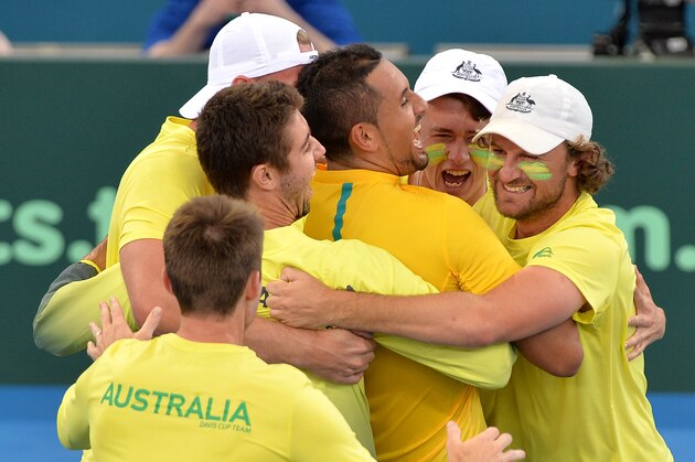 BRISBANE, AUSTRALIA - APRIL 09: Nick Kyrgios of Australia celebrates victory with team mates after his match against Sam Querrey of the USA during the Davis Cup World Group Quarterfinals between Australia and the USA at Pat Rafter Arena on April 9, 2017 in Brisbane, Australia. (Photo by Bradley Kanaris/Getty Images) BRISBANE, AUSTRALIA - APRIL 09: Nick Kyrgios of Australia celebrates victory with team mates after his match against Sam Querrey of the USA during the Davis Cup World Group Quarterfinals between Australia and the USA at Pat Rafter Arena on April 9, 2017 in Brisbane, Australia. (Photo by Bradley Kanaris/Getty Images)