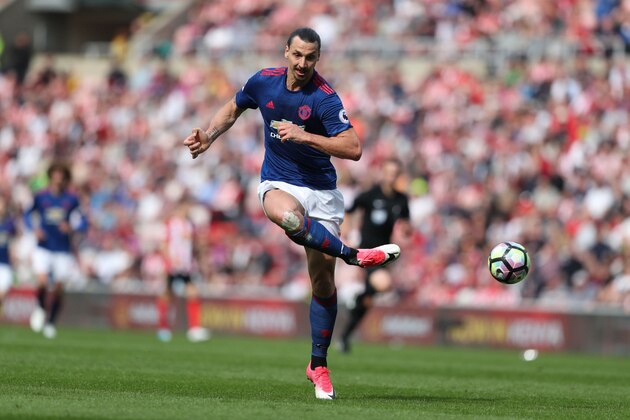 Manchester United's Swedish striker Zlatan Ibrahimovic plays the ball during the English Premier League football match between Sunderland and Manchester United at the Stadium of Light in Sunderland, north-east England on April 9, 2017. / AFP PHOTO / Scott Heppell / RESTRICTED TO EDITORIAL USE. No use with unauthorized audio, video, data, fixture lists, club/league logos or 'live' services. Online in-match use limited to 75 images, no video emulation. No use in betting, games or single club/league/player publications.  /         (Photo credit should read SCOTT HEPPELL/AFP/Getty Images)