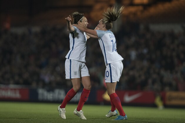 BURSLEM, ENGLAND- APRIL 7:  Jodie Taylor of England celebrates with Toni Duggan after scoring the opening goal during the Women's International Friendly match between England Women and Italy Women at Vale Park on April 7, 2017 in Burslem, England. (Photo by Nathan Stirk/Getty Images)
