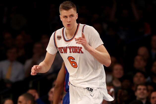 NEW YORK, NY - MARCH 27:  Kristaps Porzingis #6 of the New York Knicks celebrates his basket in the first quarter against the Detroit Pistons at Madison Square Garden on March 27, 2017 in New York City. NOTE TO USER: User expressly acknowledges and agrees that, by downloading and or using this Photograph, user is consenting to the terms and conditions of the Getty Images License Agreement  (Photo by Elsa/Getty Images)