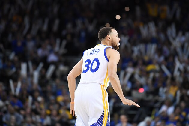 OAKLAND, CA - APRIL 04:  Stephen Curry #30 of the Golden State Warriors reacts after scoring against the Minnesota Timberwolves during an NBA basketball game at ORACLE Arena on April 4, 2017 in Oakland, California. NOTE TO USER: User expressly acknowledges and agrees that, by downloading and or using this photograph, User is consenting to the terms and conditions of the Getty Images License Agreement.  (Photo by Thearon W. Henderson/Getty Images)