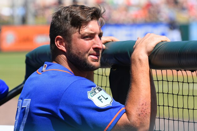 LAKELAND, FL - MARCH 20:  Tim Tebow #97 of the New York Mets looks on from the dugout during the Spring Training game against the Detroit Tigers at Publix Field at Joker Marchant Stadium on March 20, 2017 in Lakeland, Florida. The Tigers defeated the Mets 5-1.  (Photo by Mark Cunningham/MLB Photos via Getty Images)