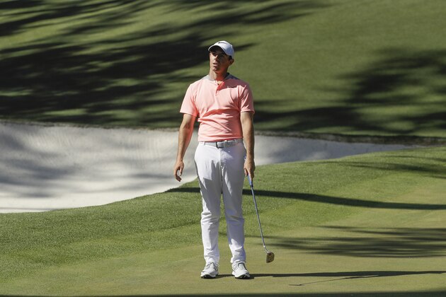 Rory McIlroy, of Northern Ireland, reacts to a shot on the 10th hole during the final round of the Masters golf tournament, Sunday, April 9, 2017, in Augusta, Ga. (AP Photo/David J. Phillip)