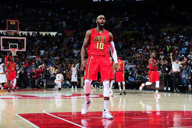 ATLANTA, GA - APRIL 9:  Tim Hardaway Jr. #10 of the Atlanta Hawks celebrates during a game against the Cleveland Cavaliers on April 9, 2017 at Philips Arena in Atlanta, Georgia. NOTE TO USER: User expressly acknowledges and agrees that, by downloading and/or using this photograph, user is consenting to the terms and conditions of the Getty Images License Agreement. Mandatory Copyright Notice: Copyright 2017 NBAE (Photo by Scott Cunningham/NBAE via Getty Images)