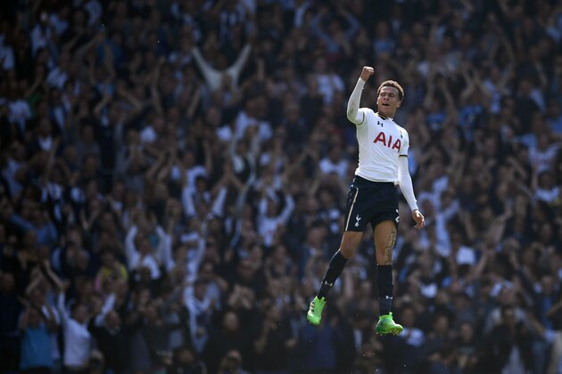 Tottenham Hotspur's English midfielder Dele Alli celebrates scoring his team's first goal during the English Premier League football match between Tottenham Hotspur and Watford at White Hart Lane in London, on April 8, 2017. / AFP PHOTO / Justin TALLIS / RESTRICTED TO EDITORIAL USE. No use with unauthorized audio, video, data, fixture lists, club/league logos or 'live' services. Online in-match use limited to 75 images, no video emulation. No use in betting, games or single club/league/player publications. / (Photo credit should read JUSTIN TALLIS/AFP/Getty Images) Tottenham Hotspur's English midfielder Dele Alli celebrates scoring his team's first goal during the English Premier League football match between Tottenham Hotspur and Watford at White Hart Lane in London, on April 8, 2017. / AFP PHOTO / Justin TALLIS / RESTRICTED TO EDITORIAL USE. No use with unauthorized audio, video, data, fixture lists, club/league logos or 'live' services. Online in-match use limited to 75 images, no video emulation. No use in betting, games or single club/league/player publications. / (Photo credit should read JUSTIN TALLIS/AFP/Getty Images)