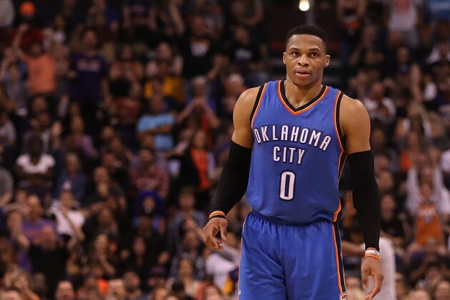PHOENIX, AZ - APRIL 07:  Russell Westbrook #0 of the Oklahoma City Thunder looks to the bench during the second half of the NBA game against the Phoenix Suns at Talking Stick Resort Arena on April 7, 2017 in Phoenix, Arizona.  The Suns defeated the Thunder 120-99. NOTE TO USER: User expressly acknowledges and agrees that, by downloading and or using this photograph, User is consenting to the terms and conditions of the Getty Images License Agreement.  (Photo by Christian Petersen/Getty Images)