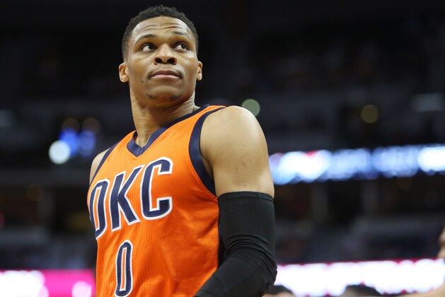 Apr 9, 2017; Denver, CO, USA; Oklahoma City Thunder guard Russell Westbrook (0) during the first half against the Denver Nuggets at Pepsi Center. Mandatory Credit: Chris Humphreys-USA TODAY Sports