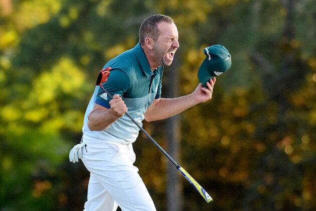 AUGUSTA, GA - APRIL 09:  Sergio Garcia of Spain celebrates after defeating Justin Rose (not pictured) of England on the first playoff hole during the final round of the 2017 Masters Tournament at Augusta National Golf Club on April 9, 2017 in Augusta, Georgia.  (Photo by Harry How/Getty Images)