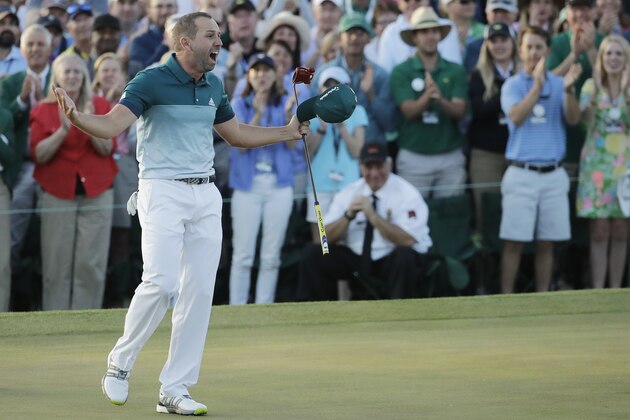 Sergio Garcia, of Spain, reacts after making his birdie putt on the 18th green to win the Masters golf tournament after a playoff Sunday, April 9, 2017, in Augusta, Ga. (AP Photo/Charlie Riedel)