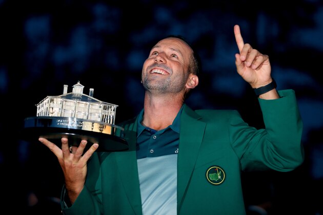 AUGUSTA, GA - APRIL 09:  Sergio Garcia of Spain celebrates with the trophy during the green jacket ceremony after he won in a playoff during the final round of the 2017 Masters Tournament at Augusta National Golf Club on April 9, 2017 in Augusta, Georgia.  (Photo by Andrew Redington/Getty Images)