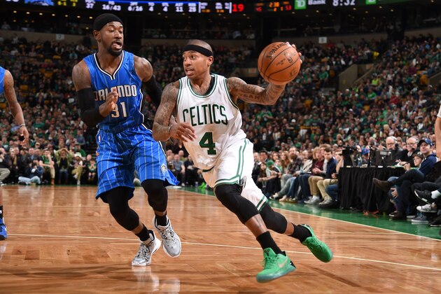 BOSTON, MA - March 31: Isaiah Thomas #4 of the Boston Celtics handles the ball against the Orlando Magic on March 31, 2017 at the TD Garden in Boston, Massachusetts.  NOTE TO USER: User expressly acknowledges and agrees that, by downloading and or using this photograph, User is consenting to the terms and conditions of the Getty Images License Agreement. Mandatory Copyright Notice: Copyright 2017 NBAE  (Photo by Brian Babineau/NBAE via Getty Images)