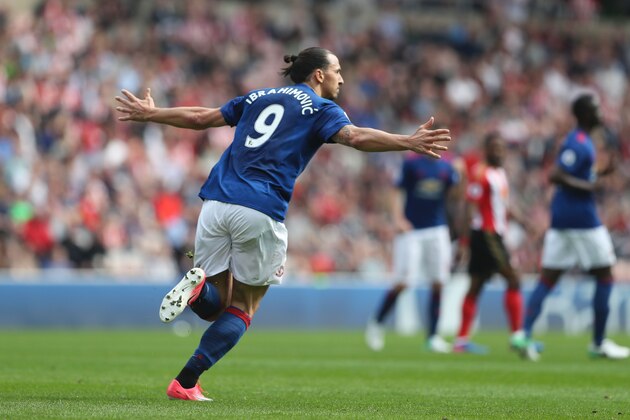 Manchester United's Swedish striker Zlatan Ibrahimovic celebrates scoring the opening goal during the English Premier League football match between Sunderland and Manchester United at the Stadium of Light in Sunderland, north-east England on April 9, 2017. / AFP PHOTO / Scott Heppell / RESTRICTED TO EDITORIAL USE. No use with unauthorized audio, video, data, fixture lists, club/league logos or 'live' services. Online in-match use limited to 75 images, no video emulation. No use in betting, games or single club/league/player publications.  /         (Photo credit should read SCOTT HEPPELL/AFP/Getty Images)