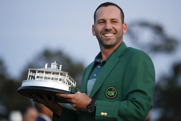 Sergio Garcia, of Spain, holds his trophy at the green jacket ceremony after the Masters golf tournament Sunday, April 9, 2017, in Augusta, Ga. (AP Photo/David Goldman)