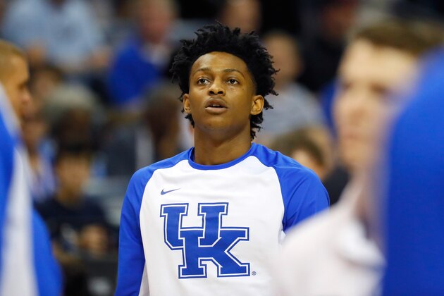 MEMPHIS, TN - MARCH 26: De'Aaron Fox #0 of the Kentucky Wildcats warms up before the game against the North Carolina Tar Heels during the 2017 NCAA Men's Basketball Tournament South Regional at FedExForum on March 26, 2017 in Memphis, Tennessee.  (Photo by Kevin C. Cox/Getty Images)