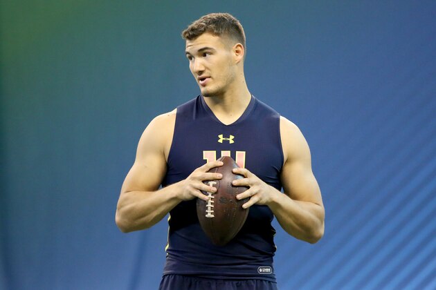 North Carolina quarterback Mitchell Trubisky is seen in a drill at the 2017 NFL football scouting combine Saturday, March 4, 2017, in Indianapolis. (AP Photo/Gregory Payan)