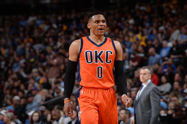 DENVER, CO - APRIL 9:  Russell Westbrook #0 of the Oklahoma City Thunder looks on during the game against the Denver Nuggets on April 9, 2017 at the Pepsi Center in Denver, Colorado. NOTE TO USER: User expressly acknowledges and agrees that, by downloading and/or using this Photograph, user is consenting to the terms and conditions of the Getty Images License Agreement. Mandatory Copyright Notice: Copyright 2017 NBAE (Photo by Bart Young/NBAE via Getty Images)