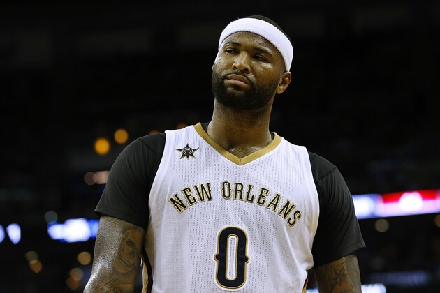 NEW ORLEANS, LA - APRIL 02:  DeMarcus Cousins #0 of the New Orleans Pelicans reacts during the first half of a game against the Chicago Bulls at the Smoothie King Center on April 2, 2017 in New Orleans, Louisiana. NOTE TO USER: User expressly acknowledges and agrees that, by downloading and or using this photograph, User is consenting to the terms and conditions of the Getty Images License Agreement.  (Photo by Jonathan Bachman/Getty Images)