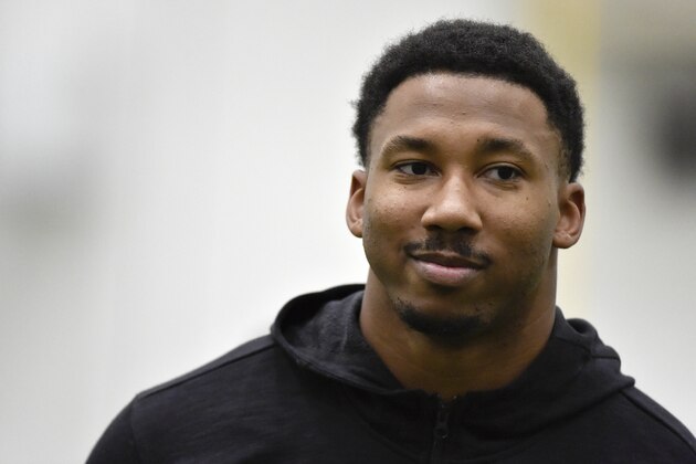 Former Texas A&M defensive end Myles Garrett looks on during Texas A&M Pro Day at the NCAA football team's indoor training facility, Thursday, Match 30, 2017, in College Station, Texas. The event is to showcase players for the upcoming NFL football draft. (AP Photo/Eric Christian Smith)