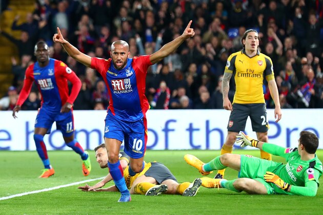 LONDON, ENGLAND - APRIL 10:  Andros Townsend of Crystal Palace (10) celebrates as he scores their first goal during the Premier League match between Crystal Palace and Arsenal at Selhurst Park on April 10, 2017 in London, England.  (Photo by Clive Rose/Getty Images)