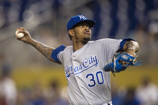 MIAMI, FL - AUGUST 23:  Pitcher Yordano Ventura #30 of the Kansas City Royals pitches during a MLB game against the Miami Marlins at Marlins Park on August 23, 2016 in Miami, Florida.  (Photo by Ronald C. Modra/Sports Imagery/ Getty Images)