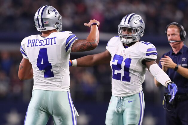 ARLINGTON, TX - DECEMBER 18:  Dak Prescott #4 and Ezekiel Elliott of the Dallas Cowboys celebrate after scoring a touchdown during the second quarter against the Tampa Bay Buccaneers at AT&T Stadium on December 18, 2016 in Arlington, Texas. (Photo by Tom Pennington/Getty Images)