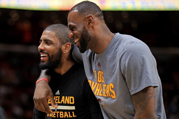 MIAMI, FL - MARCH 04:  Kyrie Irving #2 and LeBron James #23 of the Cleveland Cavaliers laugh during a game against the Miami Heat at American Airlines Arena on March 4, 2017 in Miami, Florida. NOTE TO USER: User expressly acknowledges and agrees that, by downloading and or using this photograph, User is consenting to the terms and conditions of the Getty Images License Agreement.  (Photo by Mike Ehrmann/Getty Images)