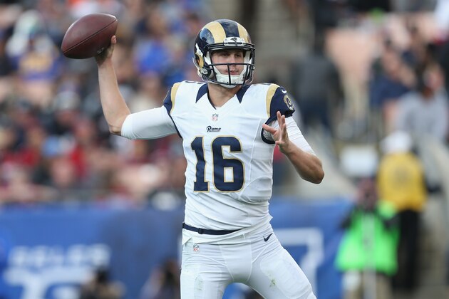 LOS ANGELES, CA - JANUARY 01:  Quarterback Jared Goff #16 of the Los Angeles Rams throws a pass against the Arizona Cardinals in the third quarter at Los Angeles Memorial Coliseum on January 1, 2017 in Los Angeles, California.  (Photo by Stephen Dunn/Getty Images)
