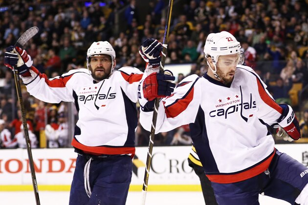 BOSTON, MA - APRIL 8: Kevin Shattenkirk #22 of the Washington Capitals celebrates with Alex Ovechkin #8 after scoring against the Boston Bruins during the second period at TD Garden on April 8, 2017 in Boston, Massachusetts.  (Photo by Maddie Meyer/Getty Images)
