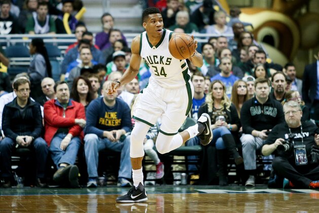 MILWAUKEE, WI - APRIL 02:  Giannis Antetokounmpo #34 of the Milwaukee Bucks dribbles the ball in the second quarter against the Dallas Mavericks at BMO Harris Bradley Center on April 2, 2017 in Milwaukee, Wisconsin. NOTE TO USER: User expressly acknowledges and agrees that, by downloading and or using this photograph, User is consenting to the terms and conditions of the Getty Images License Agreement. (Photo by Dylan Buell/Getty Images)