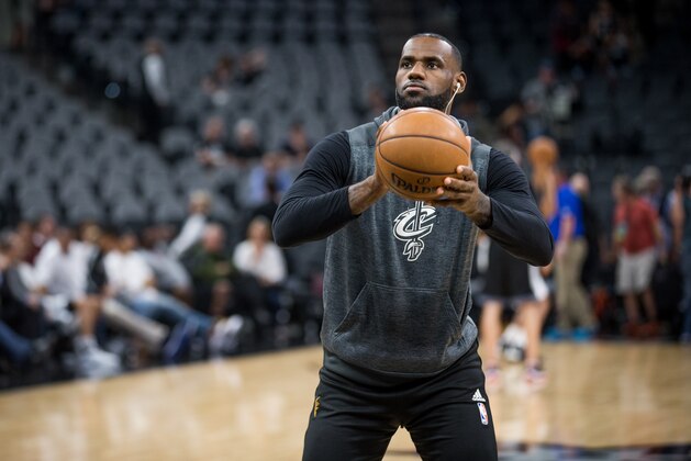 SAN ANTONIO, TX - MARCH 27:  LeBron James #23 of the Cleveland Cavaliers warms up before the game between the Cleveland Cavaliers and the San Antonio Spurs on March 27, 2017 at the AT&T Center in San Antonio, Texas. NOTE TO USER: User expressly acknowledges and agrees that, by downloading and or using this photograph, user is consenting to the terms and conditions of the Getty Images License Agreement. Mandatory Copyright Notice: Copyright 2017 NBAE (Photos by Darren Carroll/NBAE via Getty Images)