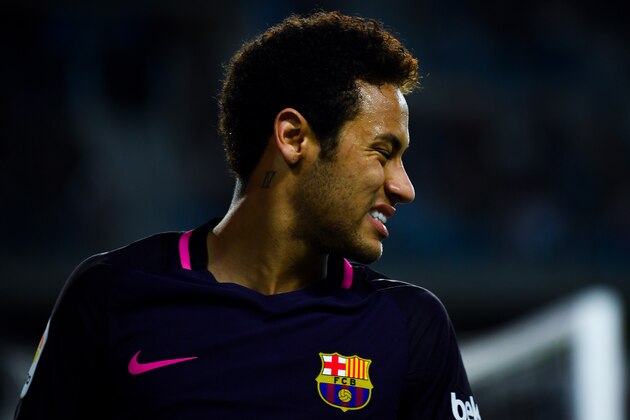 MALAGA, SPAIN - APRIL 08:  Neymar Jr. of FC Barcelona reacts during the La Liga match between Malaga CF and FC Barcelona at La Rosaleda stadium on April 8, 2017 in Malaga, Spain.  (Photo by David Ramos/Getty Images)