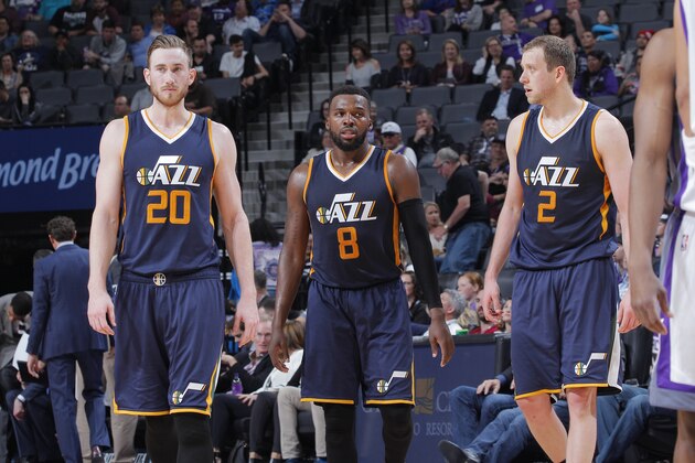 SACRAMENTO, CA - MARCH 29: Gordon Hayward #20, Shelvin Mack #8, Joe Ingles #2 of the Utah Jazz face off against the Sacramento Kings on March 29, 2017 at Golden 1 Center in Sacramento, California. NOTE TO USER: User expressly acknowledges and agrees that, by downloading and or using this photograph, User is consenting to the terms and conditions of the Getty Images Agreement. Mandatory Copyright Notice: Copyright 2017 NBAE (Photo by Rocky Widner/NBAE via Getty Images)