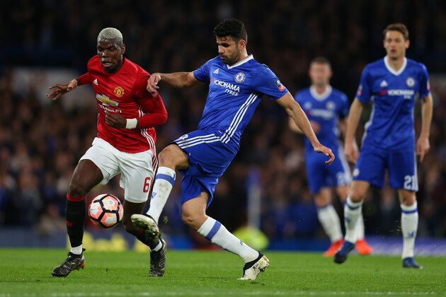 LONDON, ENGLAND - MARCH 13: Paul Pogba of Manchester United and Diego Costa of Chelsea during The Emirates FA Cup Quarter-Final match between Chelsea and Manchester United at Stamford Bridge on March 13, 2017 in London, England. (Photo by Catherine Ivill - AMA/Getty Images)