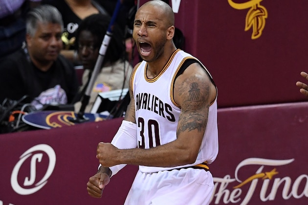 CLEVELAND, OH - JUNE 16: Dahntay Jones #30 of the Cleveland Cavaliers reacts after a play in the second half against the Golden State Warriors in Game 6 of the 2016 NBA Finals at Quicken Loans Arena on June 16, 2016 in Cleveland, Ohio. NOTE TO USER: User expressly acknowledges and agrees that, by downloading and or using this photograph, User is consenting to the terms and conditions of the Getty Images License Agreement.  (Photo by Jason Miller/Getty Images)