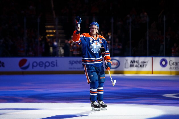 EDMONTON, AB - APRIL 9:  Connor McDavid #97 of the Edmonton Oilers acknowledges the crowd after being named second star of the game against the Vancouver Canucks on April 9, 2017 at Rogers Place in Edmonton, Alberta, Canada. The Oilers won 5-2. (Photo by Codie McLachlan/Getty Images)