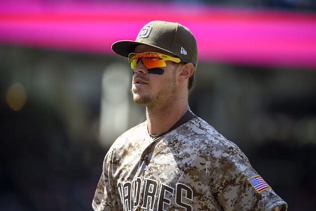 SAN DIEGO, CA - APRIL 9: Wil Myers #4 of the San Diego Padres plays during a baseball game against the San Francisco Giants at PETCO Park on April 9, 2017 in San Diego, California.  (Photo by Denis Poroy/Getty Images)