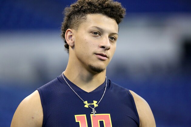 Texas Tech quarterback Patrick Mahomes is seen after a drill at the 2017 NFL football scouting combine Saturday, March 4, 2017, in Indianapolis. (AP Photo/Gregory Payan)