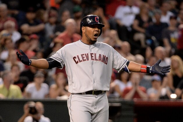 PHOENIX, AZ - APRIL 08:  Edwin Encarnacion #10 of the Cleveland Indians reacts after strikng in the fifth inning against the Arizona Diamondbacks at Chase Field on April 8, 2017 in Phoenix, Arizona.  (Photo by Jennifer Stewart/Getty Images)