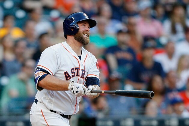 HOUSTON, TX - APRIL 08:  Brian McCann #16 of the Houston Astros hits a home run in the third inning against the Kansas City Royals at Minute Maid Park on April 8, 2017 in Houston, Texas.  (Photo by Bob Levey/Getty Images)