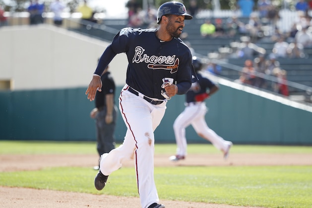 LAKE BUENA VISTA, FL - FEBRUARY 25: Matt Kemp #27 of the Atlanta Braves runs the bases during a spring training game against the Toronto Blue Jays at Champion Stadium on February 25, 2017 in Lake Buena Vista, Florida. The Braves defeated the Blue Jays 7-4. (Photo by Joe Robbins/Getty Images)