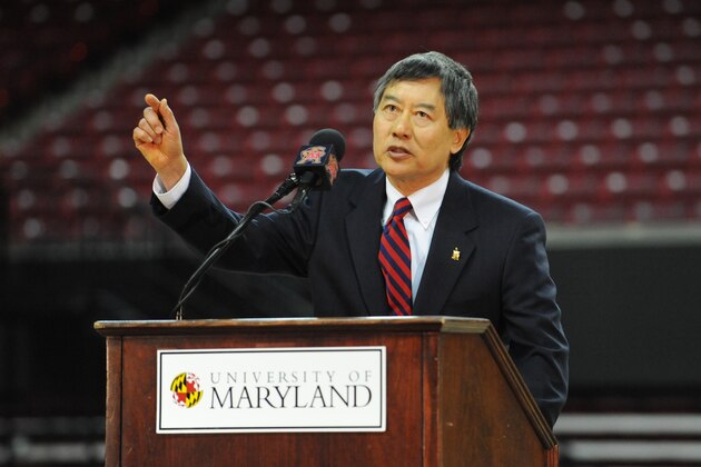 COLLEGE PARK, MD - MAY 6: President of the University of Maryland Wallace D. Loh speaks during the retirement announcement of basketball coach Gary WIlliams on May 6, 2011 at the Comcast Center in College Park, Maryland. (Photo by Mitchell Layton/Getty Images)