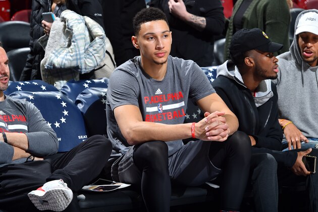 PHILADELPHIA, PA - FEBRUARY 11: Ben Simmons #25 of the Philadelphia 76ers looks on before the game against the Miami Heat on February 11, 2017 at Wells Fargo Center in Philadelphia, Pennsylvania. NOTE TO USER: User expressly acknowledges and agrees that, by downloading and or using this photograph, User is consenting to the terms and conditions of the Getty Images License Agreement. Mandatory Copyright Notice: Copyright 2017 NBAE (Photo by Jesse D. Garrabrant/NBAE via Getty Images)