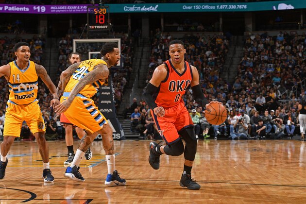 DENVER, CO - APRIL 9:  Russell Westbrook #0 of the Oklahoma City Thunder dribbles the ball up court against the Denver Nuggets on April 9, 2017 at the Pepsi Center in Denver, Colorado. NOTE TO USER: User expressly acknowledges and agrees that, by downloading and/or using this Photograph, user is consenting to the terms and conditions of the Getty Images License Agreement. Mandatory Copyright Notice: Copyright 2017 NBAE (Photo by Garrett Ellwood/NBAE via Getty Images)