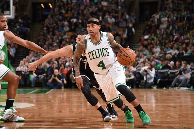 BOSTON, MA - APRIL 10: Isaiah Thomas #4 of the Boston Celtics handles the ball against the Brooklyn Nets on April 10, 2017 at the TD Garden in Boston, Massachusetts.  NOTE TO USER: User expressly acknowledges and agrees that, by downloading and or using this photograph, User is consenting to the terms and conditions of the Getty Images License Agreement. Mandatory Copyright Notice: Copyright 2017 NBAE  (Photo by Brian Babineau/NBAE via Getty Images)