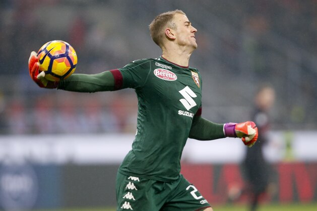 Torino goalkeeper Joe Hart throws the ball in, during an Italian Cup, Round of 16 soccer match between AC Milan and Torino, at the San Siro stadium in Milan, Italy, Thursday, Jan. 12, 2017. (AP Photo/Antonio Calanni)