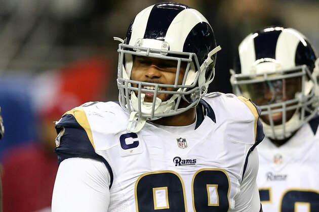 SEATTLE, WA - DECEMBER 15:  Aaron Donald #99 of the Los Angeles Rams looks on during the game against the Seattle Seahawks at CenturyLink Field on December 15, 2016 in Seattle, Washington.  The Seahawks defeated the Rams 24-3.  (Photo by Rob Leiter via Getty Images)