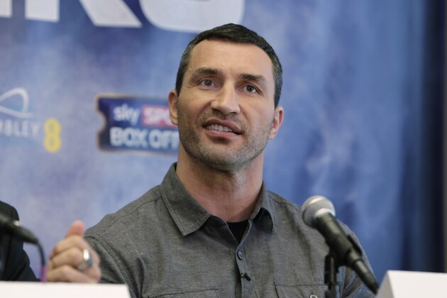Former heavyweight champion Wladimir Klitschko talks during a boxing news conference at Madison Square Garden, Tuesday, Jan. 31, 2017, in New York. Klitschko will take on Anthony Joshua on April 29, 2017, in London, for Joshua's IBF and the vacant WBA heavyweight titles. (AP Photo/Richard Drew)
