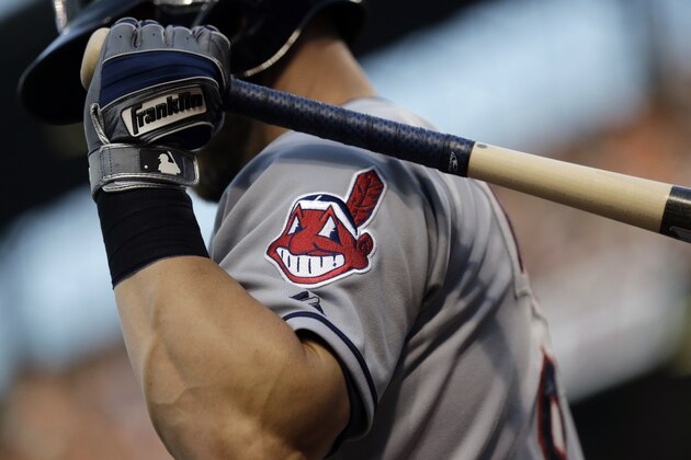 The Cleveland Indians logo is seen on Ryan Raburn's jersey as he prepares for an at-bat during a baseball game against the Baltimore Orioles, Friday, June 26, 2015, in Baltimore. (AP Photo/Patrick Semansky)