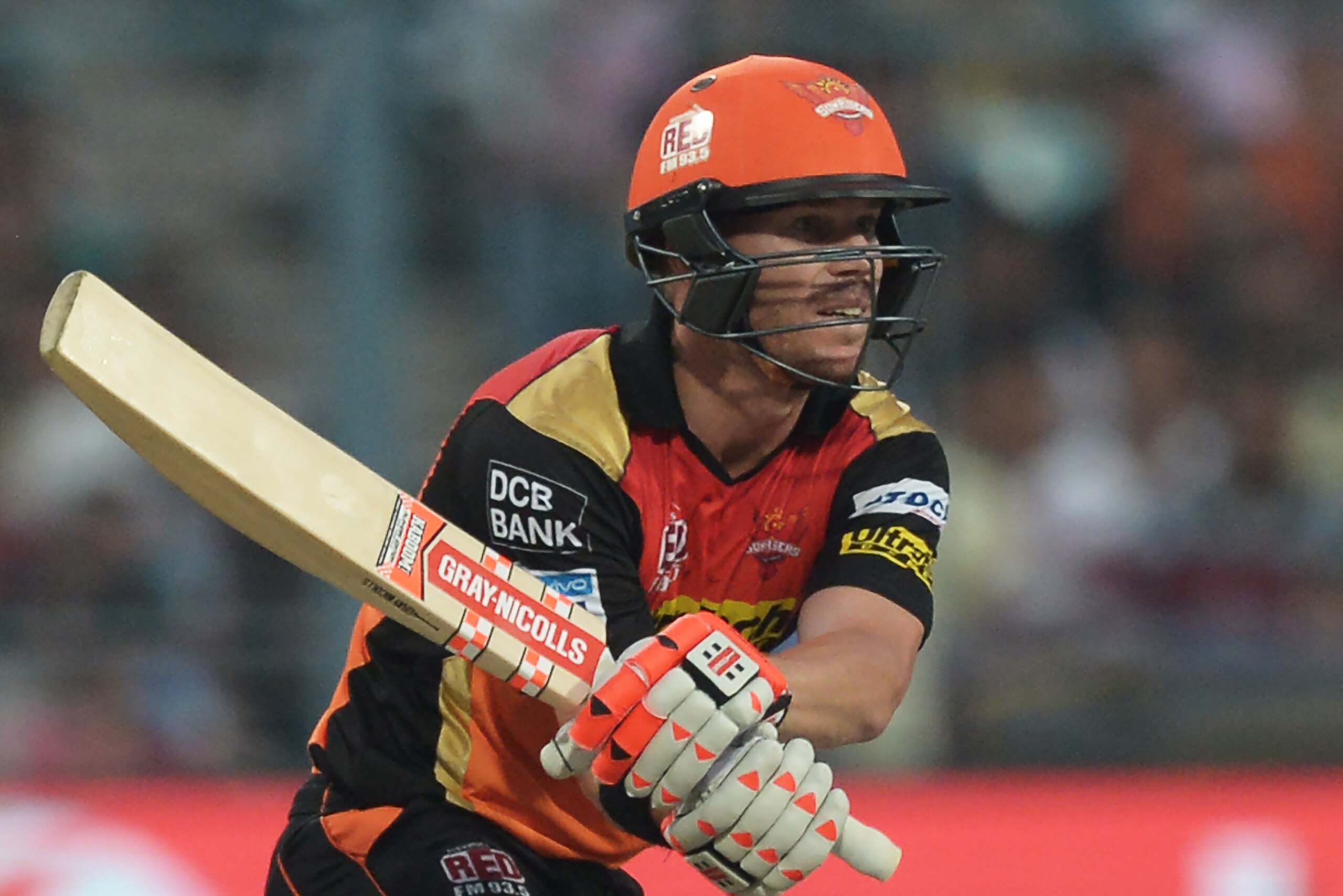 Sunrisers Hyderabad captain David Warner plays a shot during the 2016 Indian Premier League (IPL) Twenty20 cricket match between Kolkata Knight Riders and Sunrisers Hyderabad at The Eden Gardens Cricket Stadium in Kolkata on May 22, 2016.. ----IMAGE RESTRICTED TO EDITORIAL USE - STRICTLY NO COMMERCIAL USE----- / GETTYOUT / AFP / Dibyangshu SARKAR        (Photo credit should read DIBYANGSHU SARKAR/AFP/Getty Images)